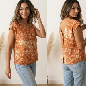 VTG 90s Nicole Miller 100% Linen Floral V-Back Top S Boho Cottagecore Granola